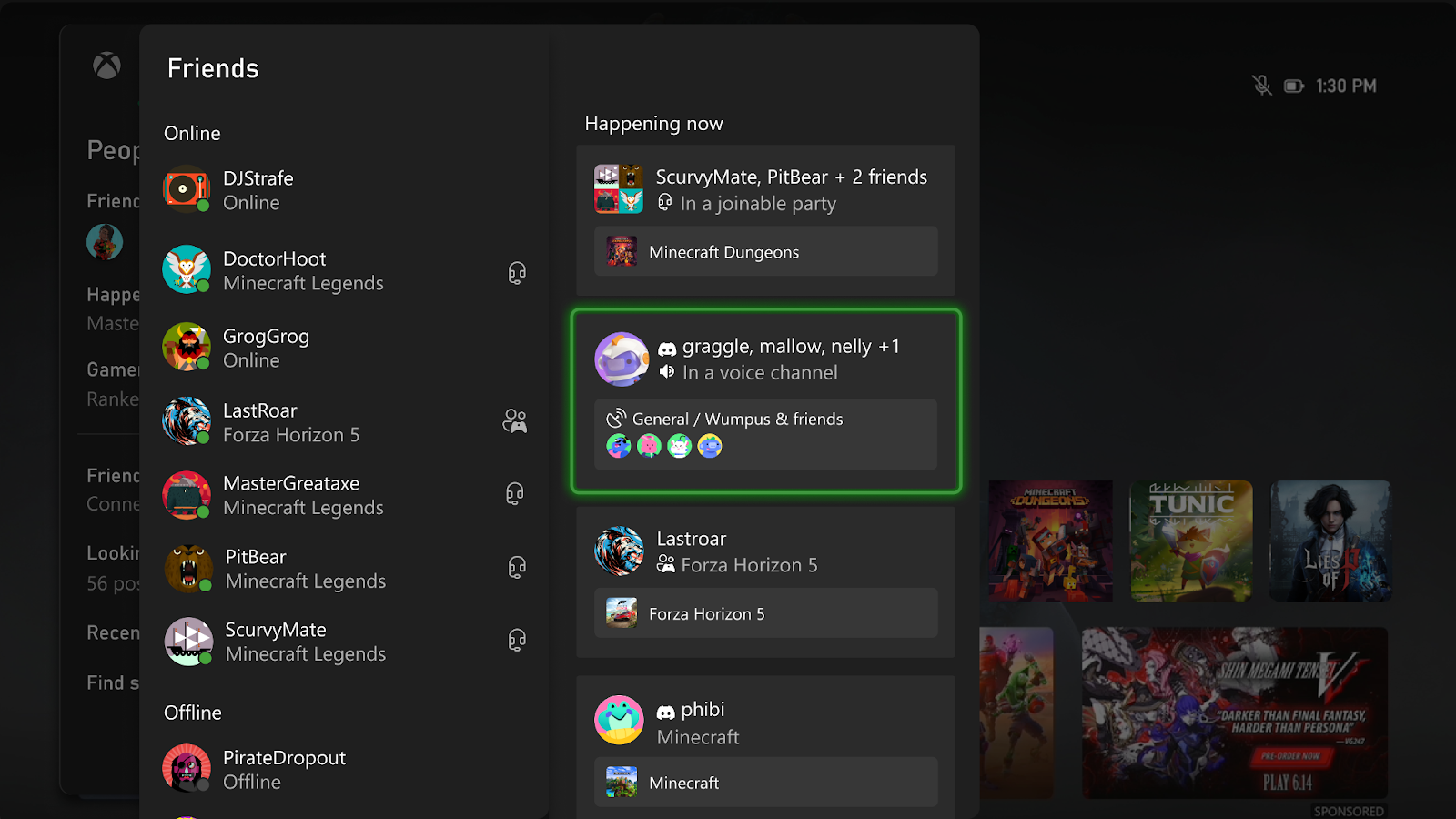 Discord voice channels being viewed from an Xbox console. 