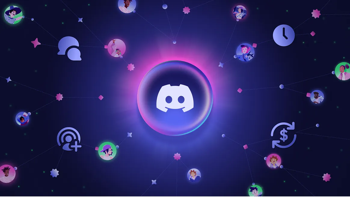Discord logo surrounded a network of icons signifying chat, playtime, revenue, as well as user profile images. 