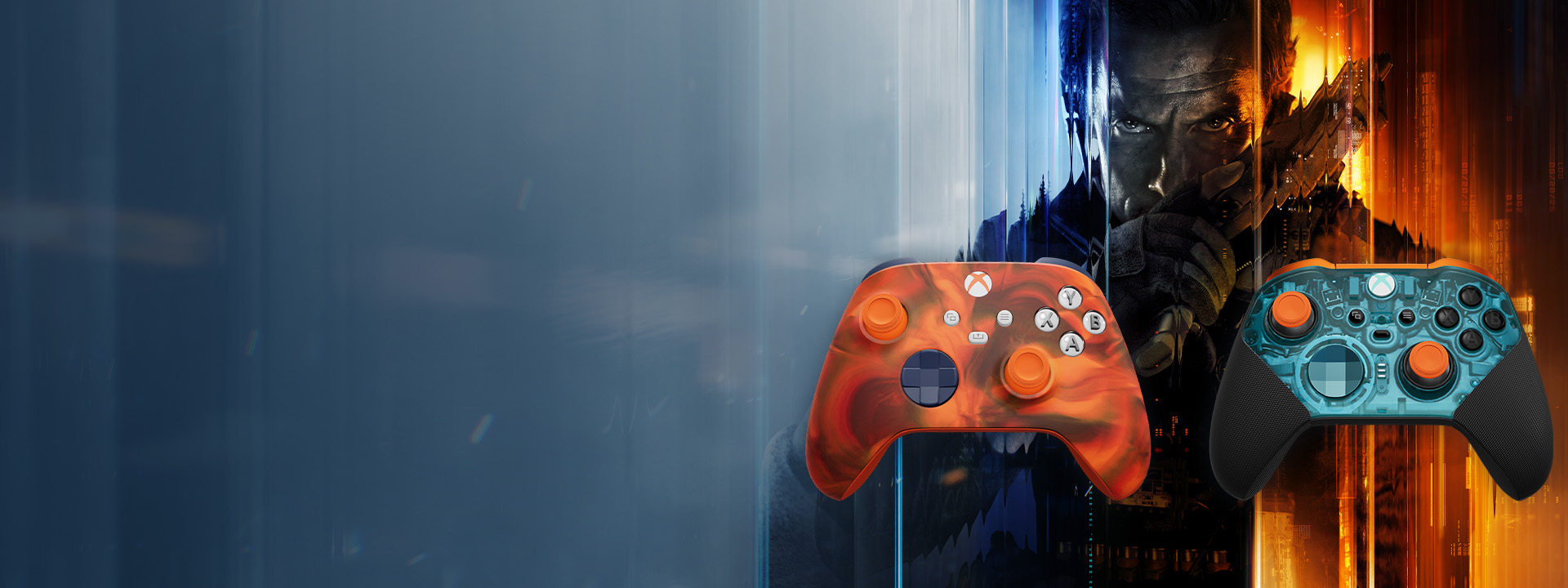 Two customizable Xbox controllers with Call of Duty's Captain Alex Mason in the background.