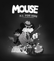 Black and white image of Jack Pepper and Tammy Tumbler, mouse detectives, alongside two customized Xbox Design Lab controllers