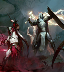 A warlock and paladin character from Diablo IV &reg;: Lord of Hatred&trade; with their weapons raised above them.