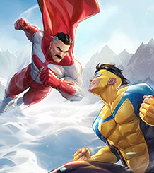 Invincible VS characters Omni-Man and Invincible flying towards each other, ready to battle.
